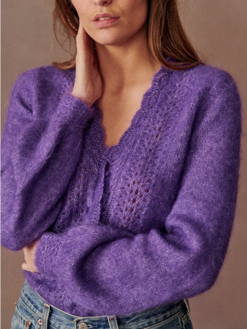 Sezane Angelie Cardigan Womens Purple Mohair Wool Coquette Parisian Sweater